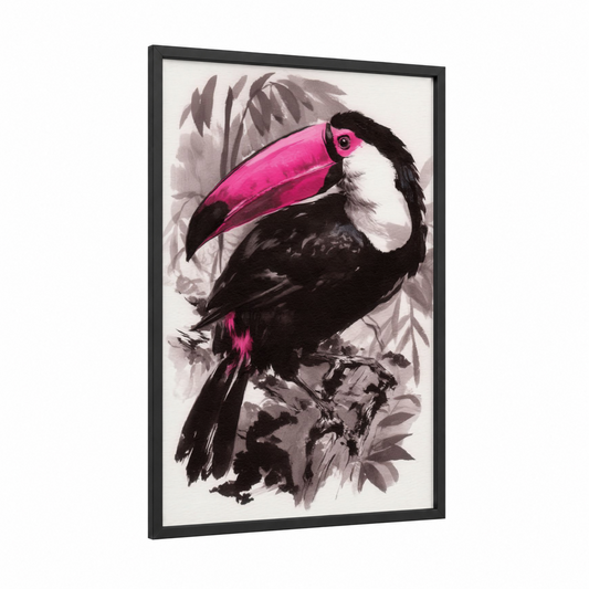 Magenta Toucan framed art print — black wood frame — magenta and black and white palette