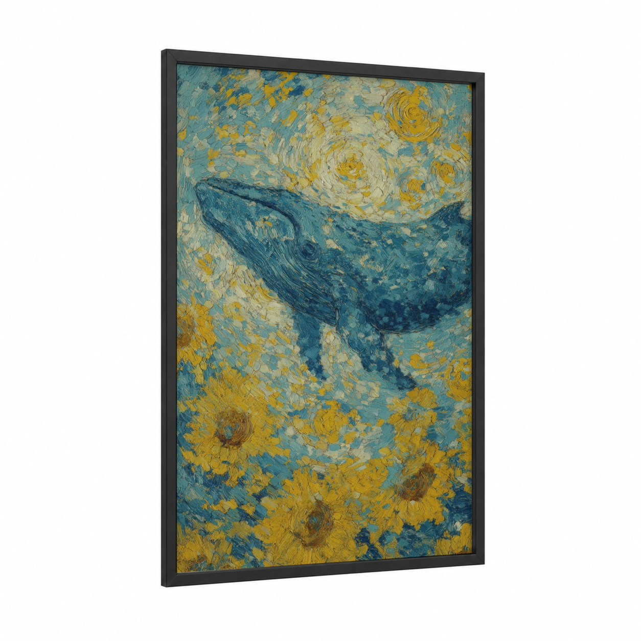 Starry Whale framed blue whale print — black wood frame — blue and yellow gold palette