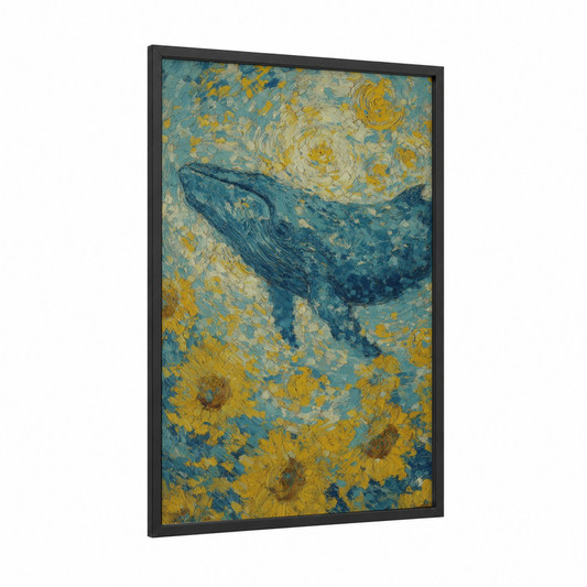 Starry Whale framed blue whale print — black wood frame — blue and yellow gold palette