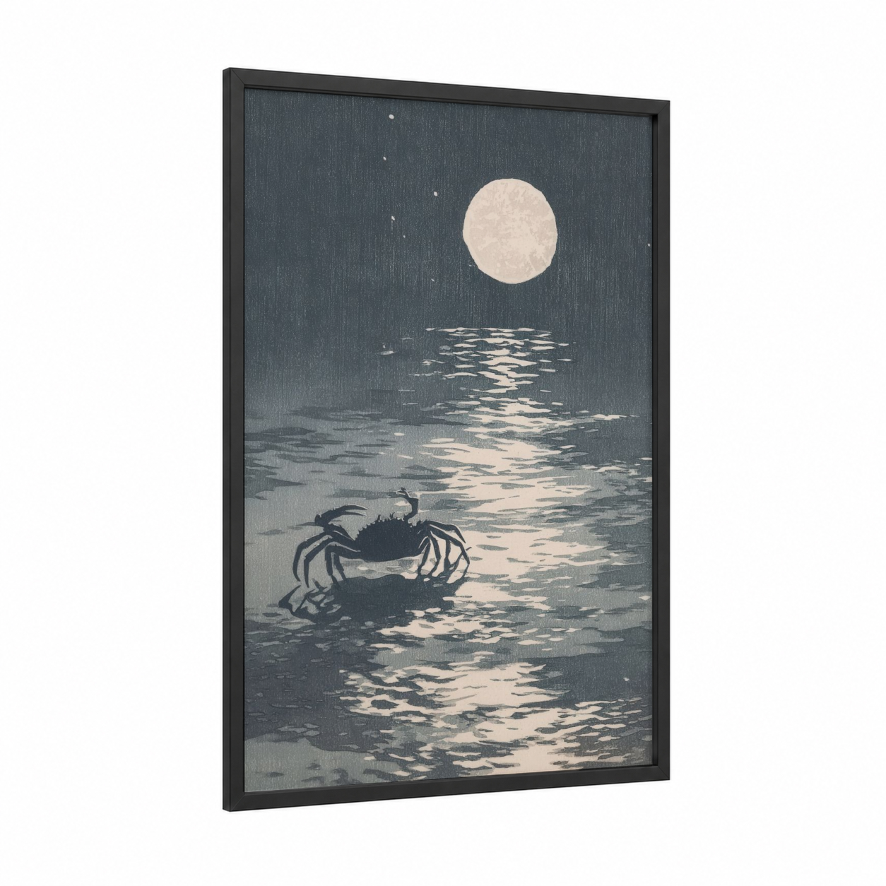 Moonlit Cancer framed art print — black wood frame — blue and white and dove gray palette