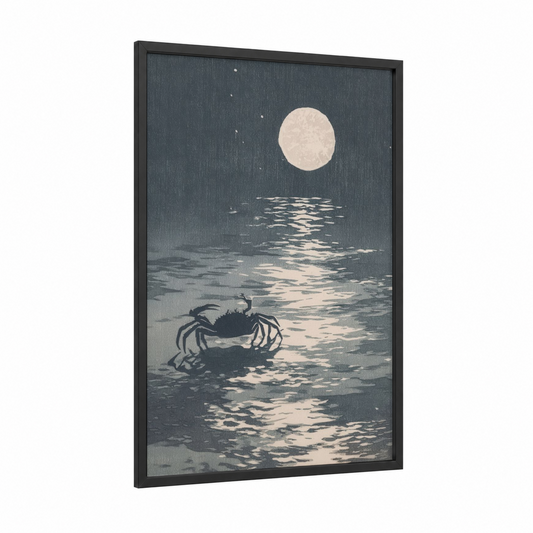 Moonlit Cancer framed art print — black wood frame — blue and white and dove gray palette