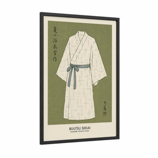 Japanese Yukata Illustration Wall Art framed abstract minimalist print — black wood frame — sage green and cream palette