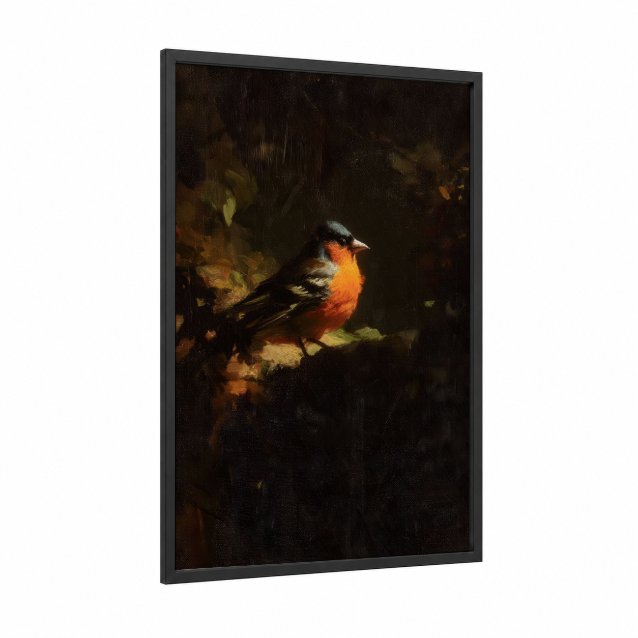 Crimson Finch framed art print — black wood frame — orange and espresso palette