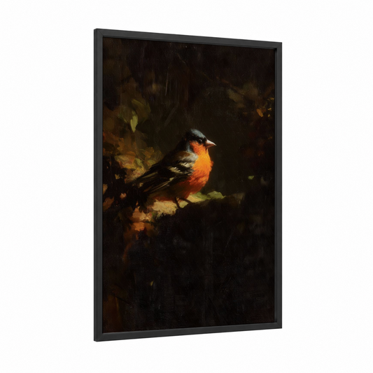 Crimson Finch framed art print — black wood frame — orange and espresso palette