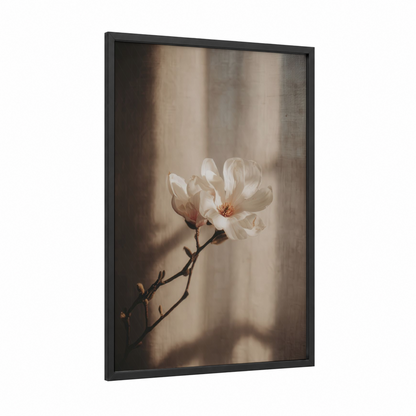 Delicate Magnolia framed art print — black wood frame — cream and gold palette