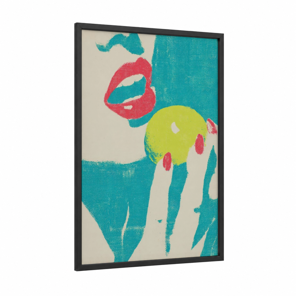 Vibrant Lip Pop framed art print — black wood frame — teal and magenta palette