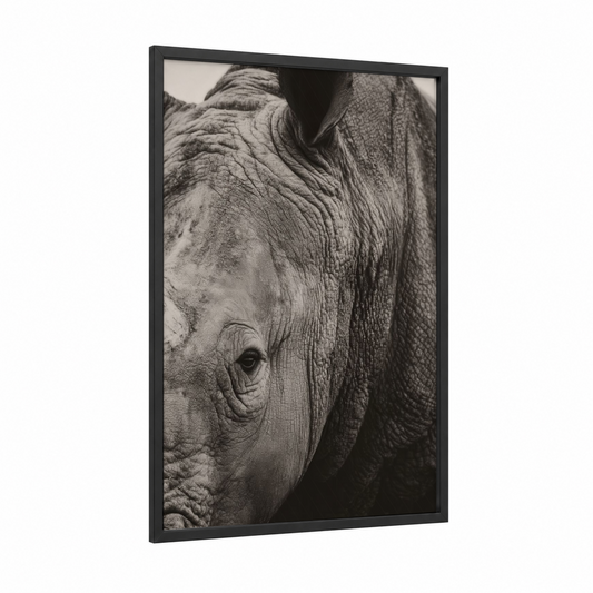 Textured Rhino framed art print — black wood frame — black and white palette