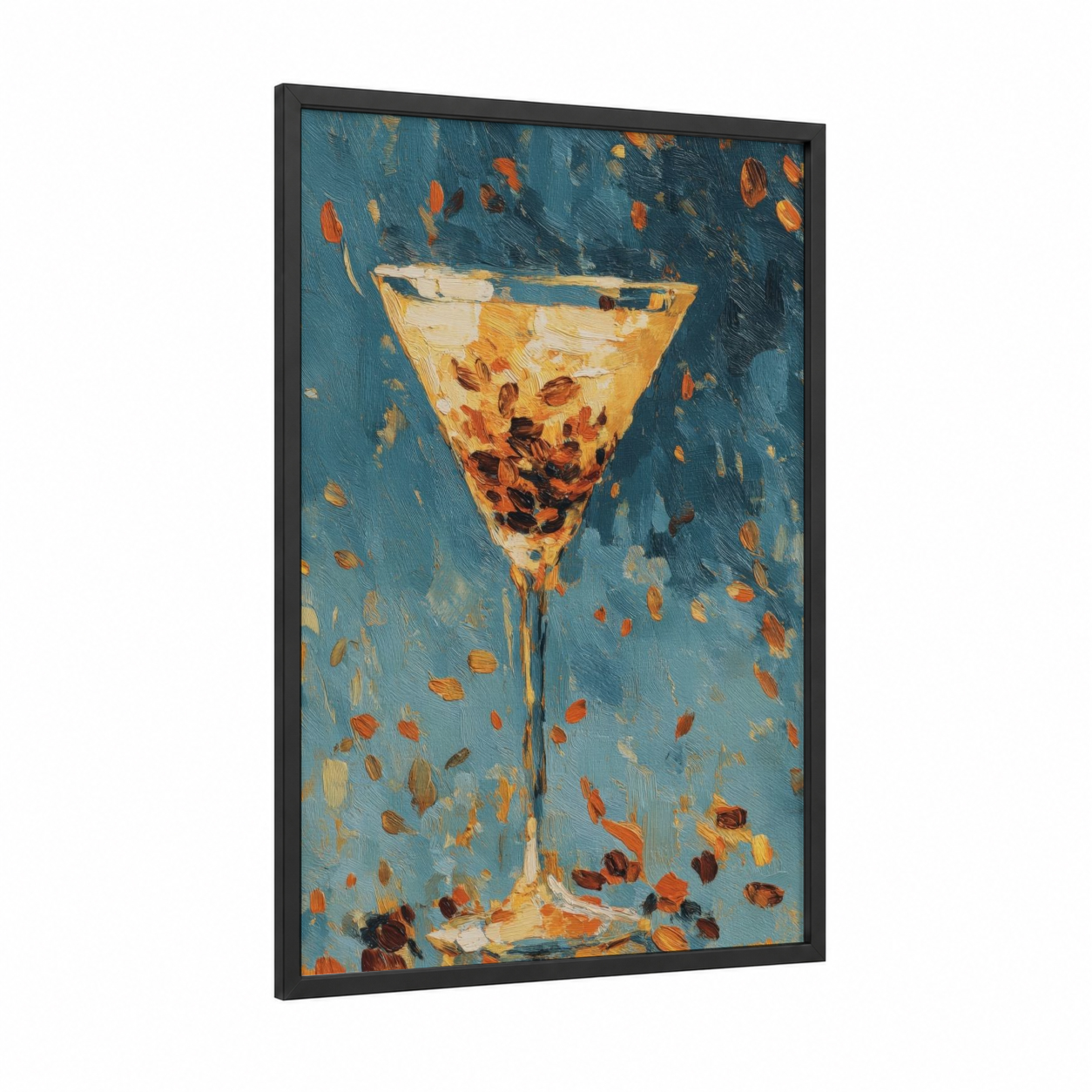 Golden Martini framed cocktail print — black wood frame — gold and teal palette