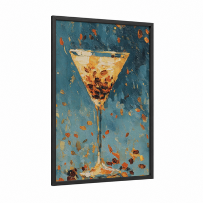 Golden Martini framed cocktail print — black wood frame — gold and teal palette
