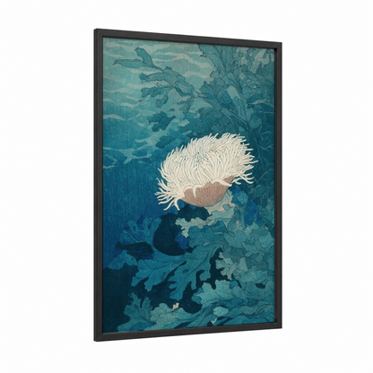 Cream Anemone framed sea anemone print — black wood frame — teal and white palette