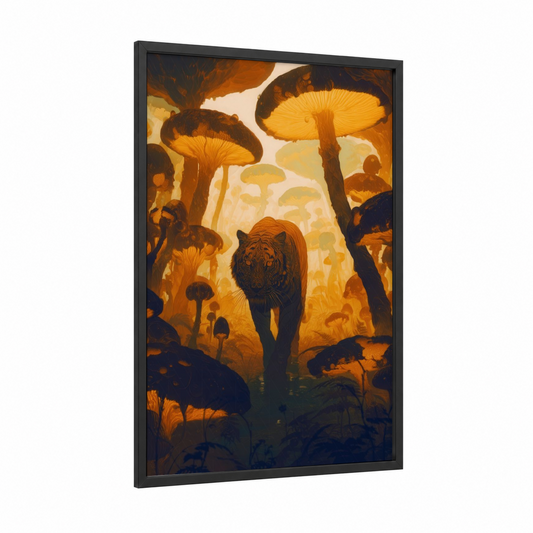 Golden Tiger Forest framed art print — black wood frame — gold and orange palette