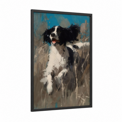Joyful Field Spaniel framed art print — black wood frame — blue and gold palette