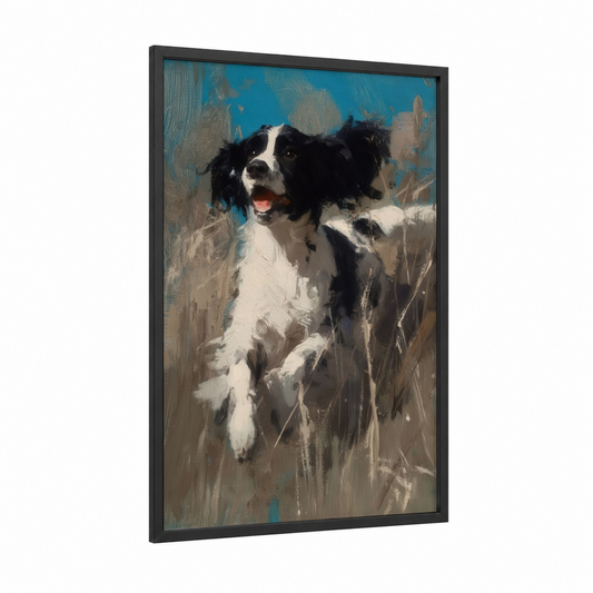 Joyful Field Spaniel framed art print — black wood frame — blue and gold palette