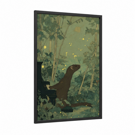 Musical Weasel framed art print — black wood frame — sage green and gold palette