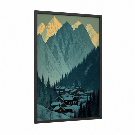 Alpine Village Glow framed snowy mountains print — black wood frame — dark green and gold palette