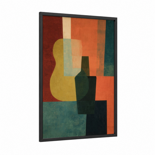 Geometric Guitar framed acoustic guitar print — black wood frame — russet and gold palette