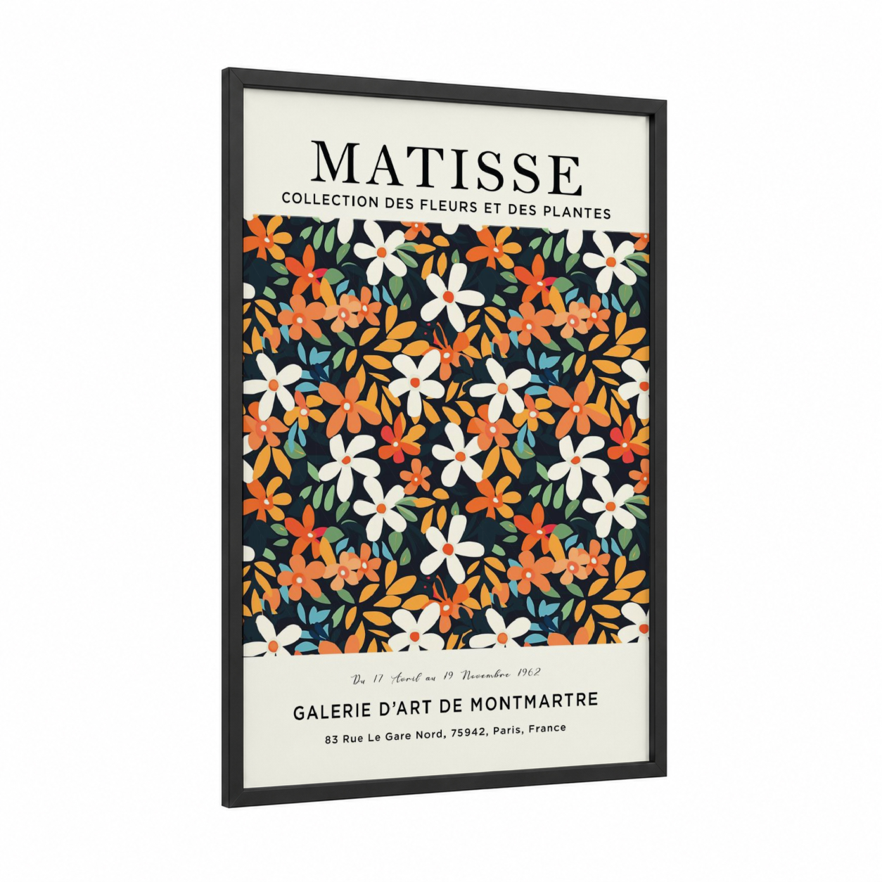 Matisse Floral framed abstract flower print — black wood frame — orange palette