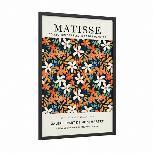 Matisse Floral framed abstract flower print — black wood frame — orange palette