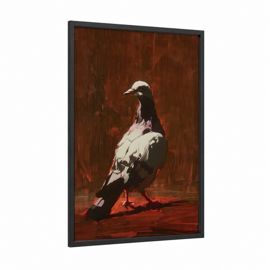 Crimson Pigeon framed art print — black wood frame — red and black and white palette