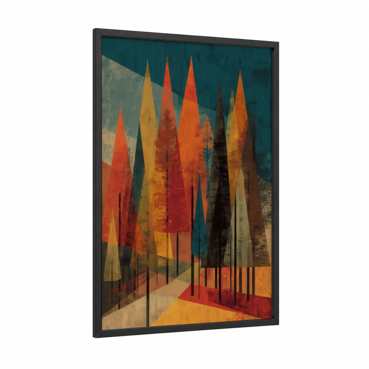 Autumn Pine Forest framed art print — black wood frame — teal and orange palette