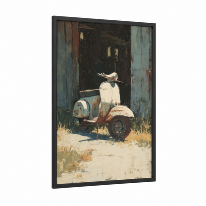 Vintage Scooter framed art print — black wood frame — gray and russet palette
