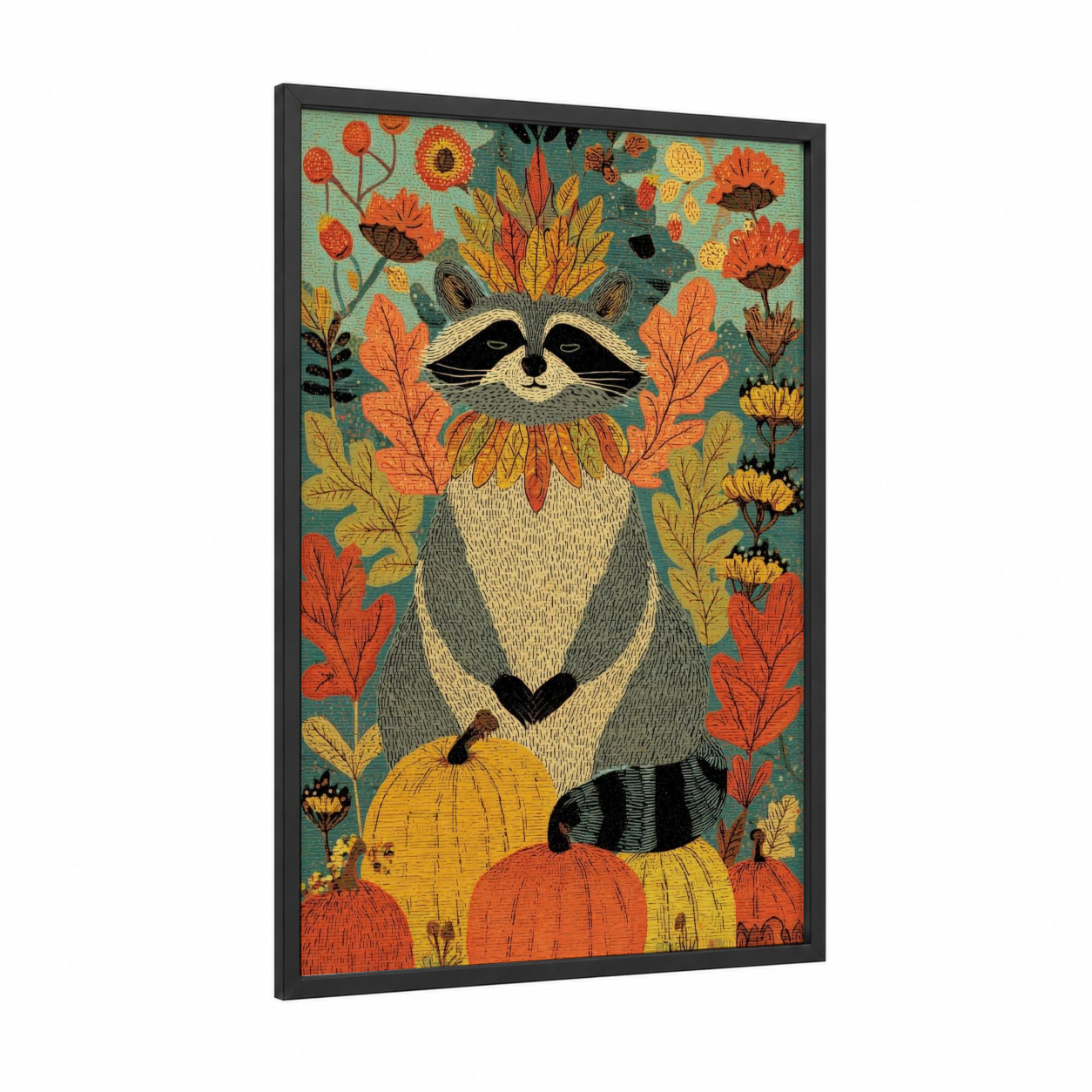 Autumn Raccoon framed art print — black wood frame — orange and gold palette