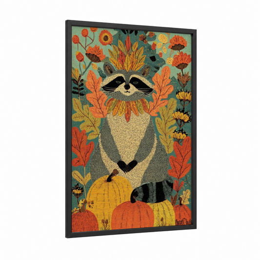 Autumn Raccoon framed art print — black wood frame — orange and gold palette