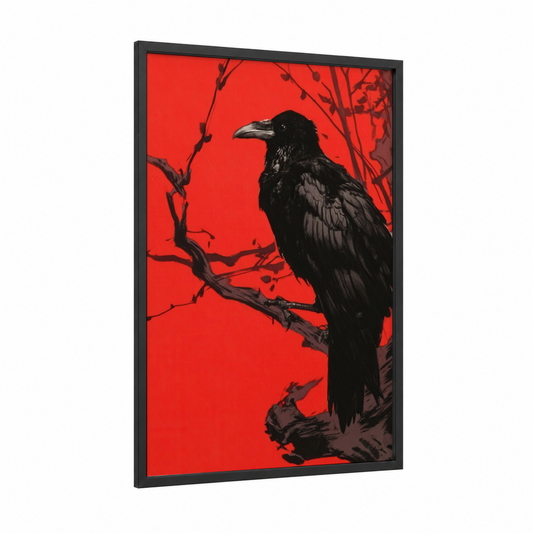Crimson Raven framed crows and ravens print — black wood frame — red and black palette