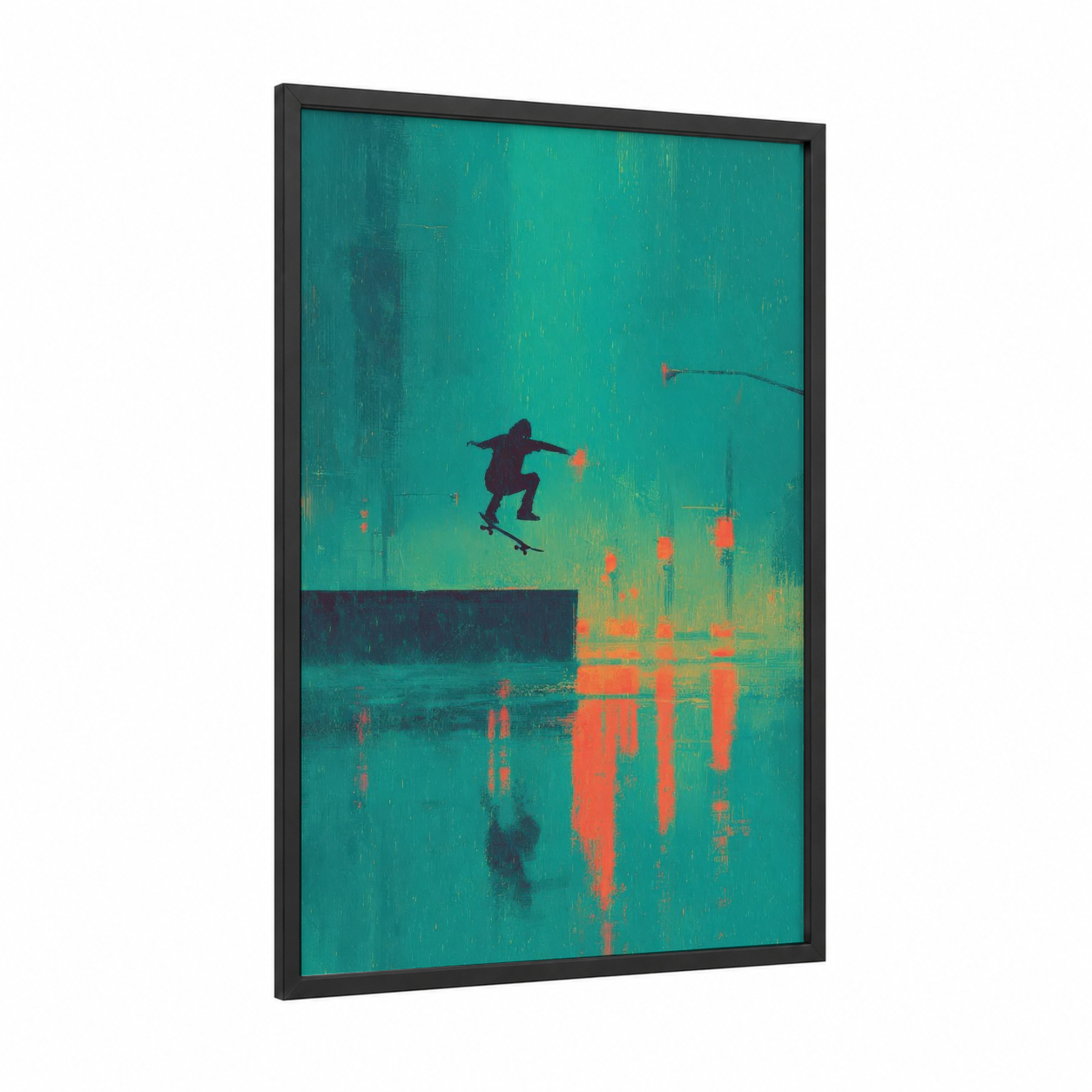 Urban Skateboarder framed skateboarding print — black wood frame — teal and orange palette