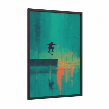 Urban Skateboarder framed skateboarding print — black wood frame — teal and orange palette