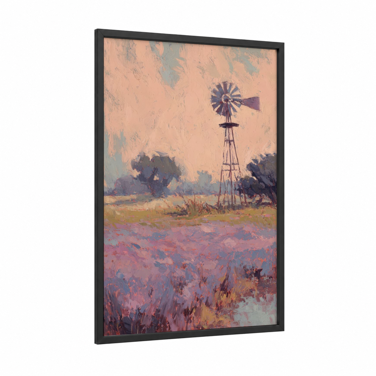 Prairie Windmill framed windmills print — black wood frame — peach and purple palette
