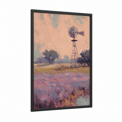 Prairie Windmill framed windmills print — black wood frame — peach and purple palette