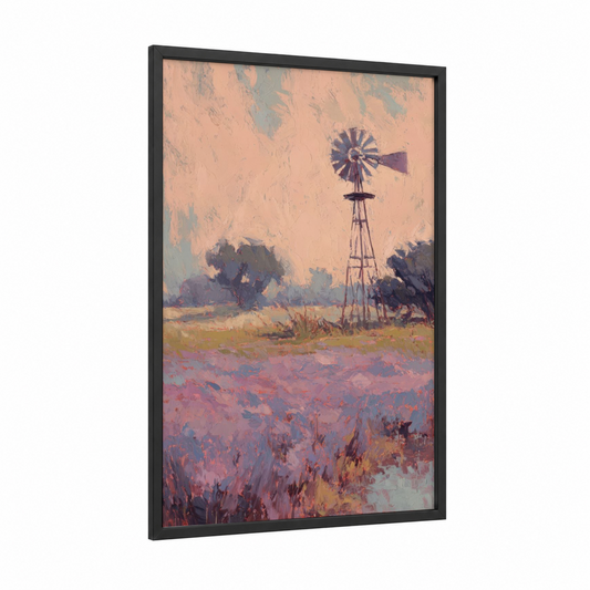 Prairie Windmill framed windmills print — black wood frame — peach and purple palette