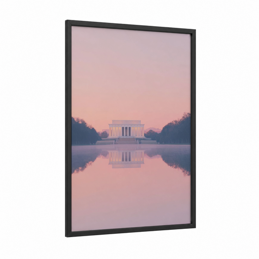 Dawn Memorial Reflection framed lincoln memorial print — black wood frame — peach and lavender palette