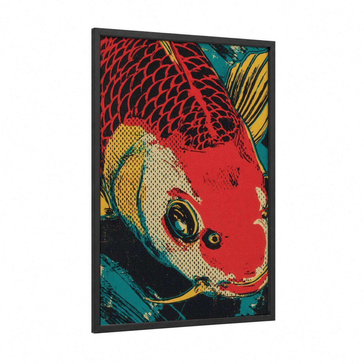 Red Koi Fish framed art print — black wood frame — red and gold palette