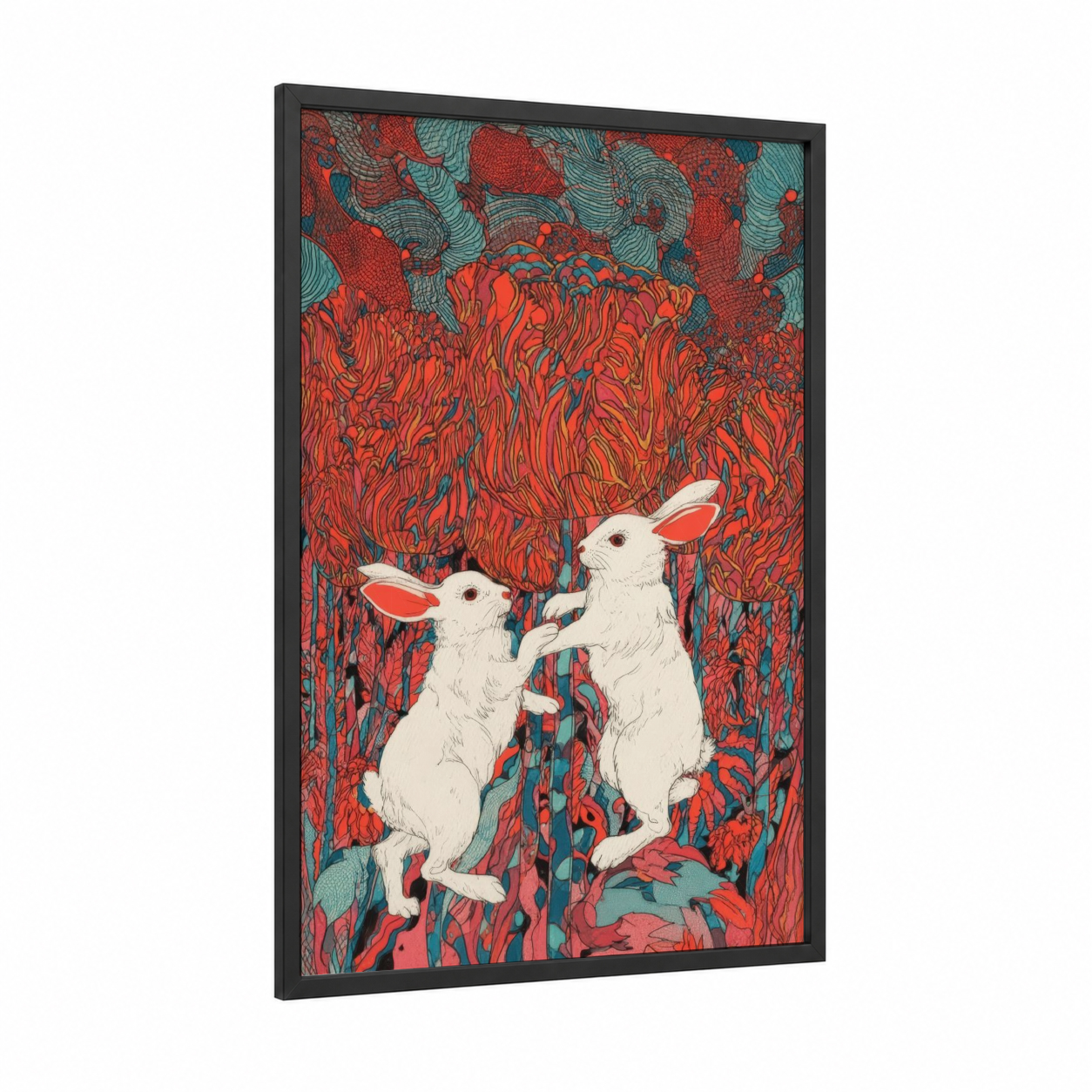 Crimson Meadow Rabbits framed art print — black wood frame — red and teal palette