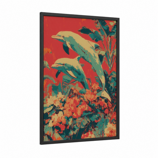 Tropical Dolphins framed art print — black wood frame — red and teal palette