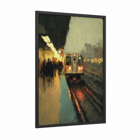 Urban Subway Station framed art print — black wood frame — gold and black palette