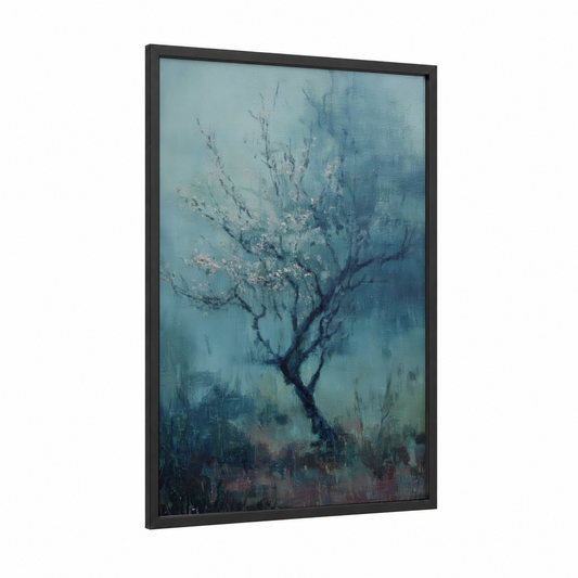 Misty Fruit Tree framed fruit trees print — black wood frame — blue and gray palette