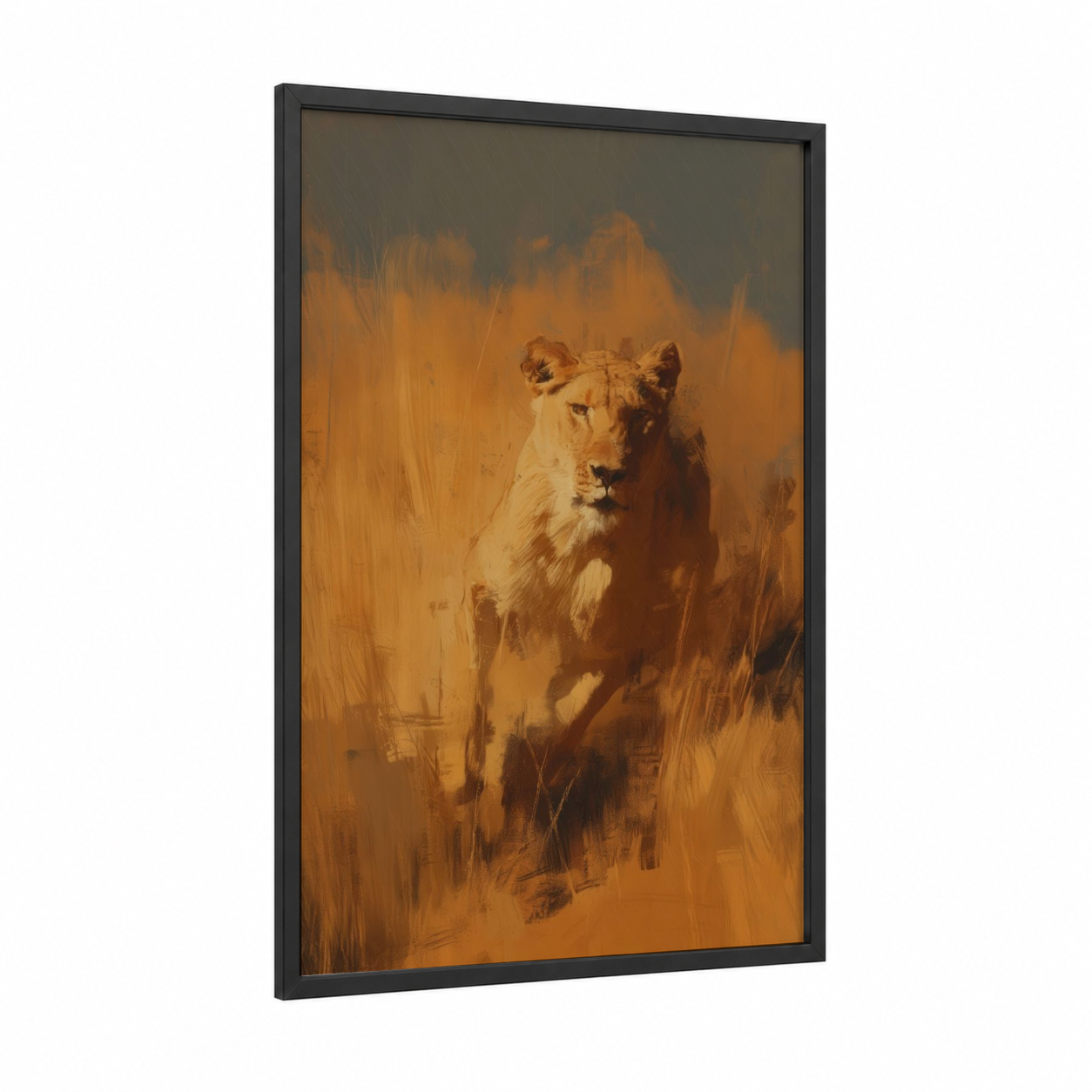 Golden Savanna Lion framed art print — black wood frame — gold and orange palette
