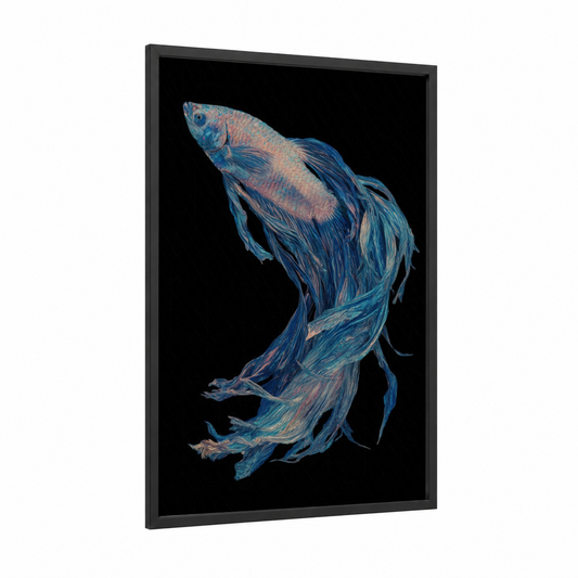 Azure Betta Flow framed betta fish print — black wood frame — blue and peach palette