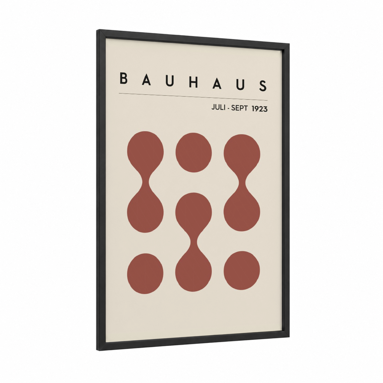 Bauhaus Circles framed abstract geometric print — black wood frame — maroon and cream palette