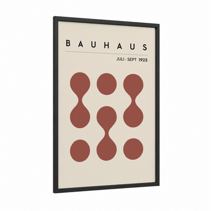 Bauhaus Circles framed abstract geometric print — black wood frame — maroon and cream palette