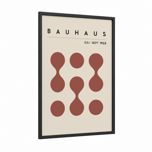 Bauhaus Circles framed abstract geometric print — black wood frame — maroon and cream palette