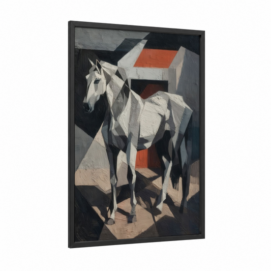 Geometric Andalusian framed andalusian horse print — black wood frame — black and white and russet palette