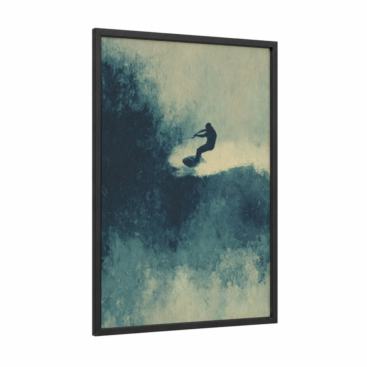 Wave Rider framed wakeboarding print — black wood frame — teal and cream palette
