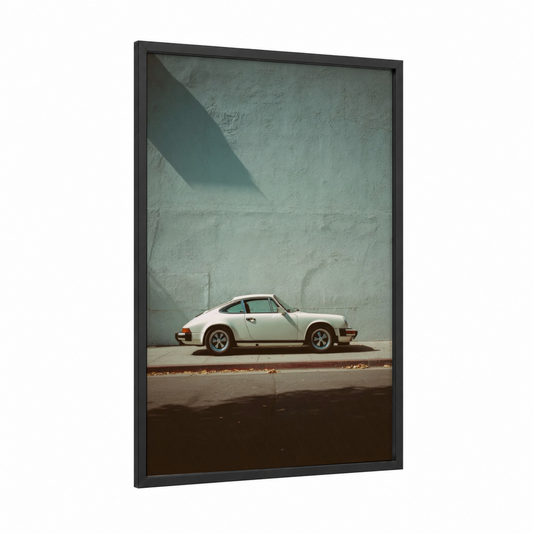 Vintage Porsche Profile framed sports car print — black wood frame — cream and gray and white palette