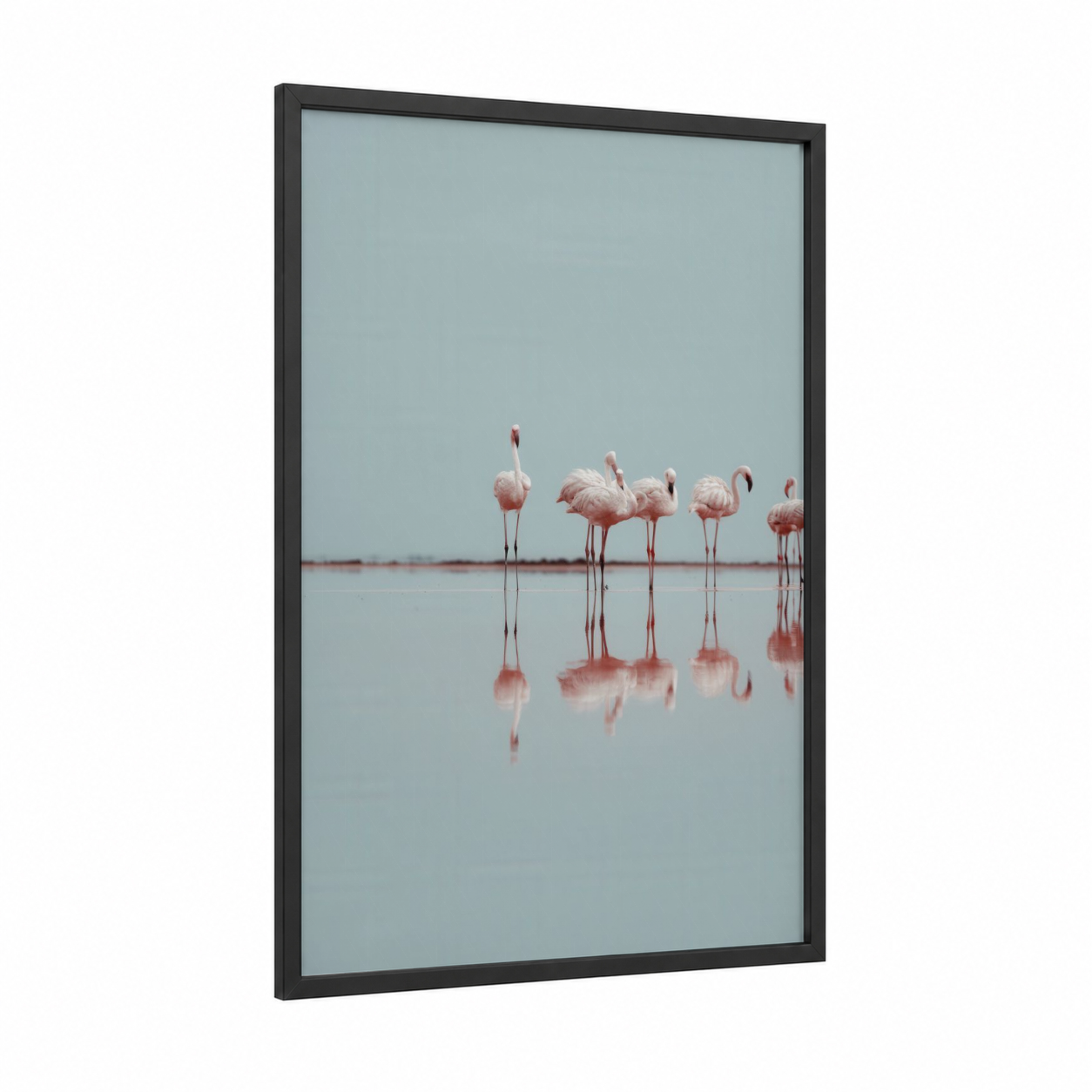 Serene Flamingos framed art print — black wood frame — blue and white and salmon pink palette