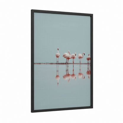 Serene Flamingos framed art print — black wood frame — blue and white and salmon pink palette
