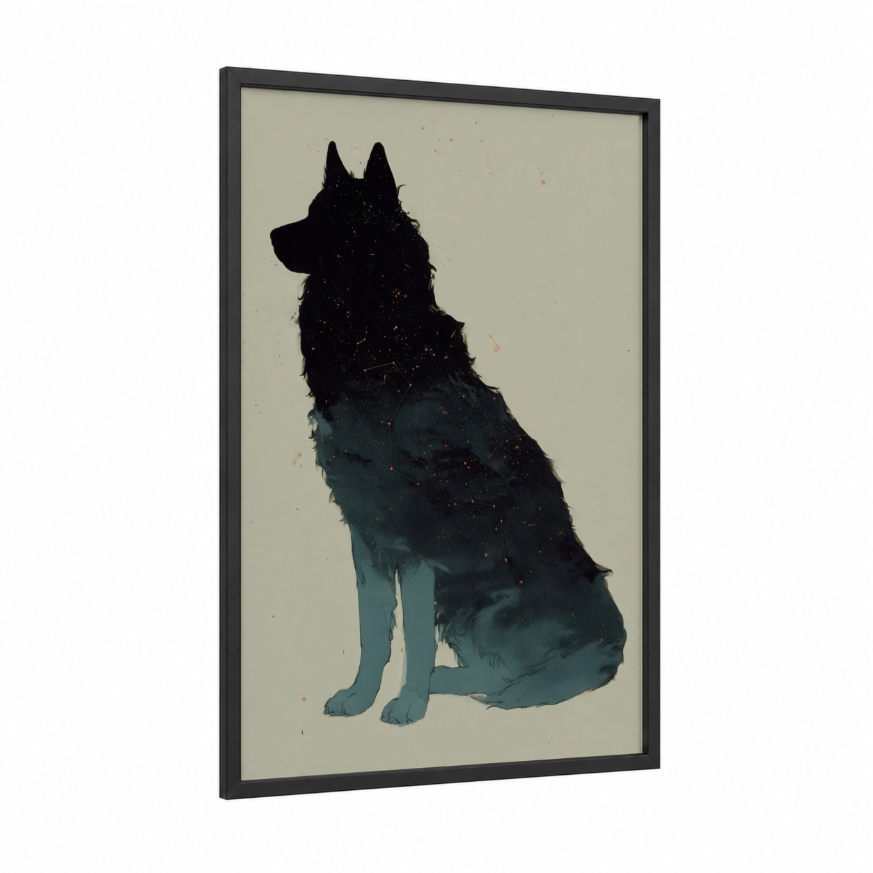 Cosmic Husky framed art print — black wood frame — black and teal palette